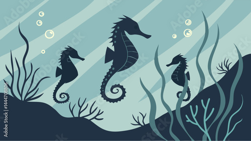 Three Seahorse Silhouettes in a Stylized Underwater Ocean Scene Illustration