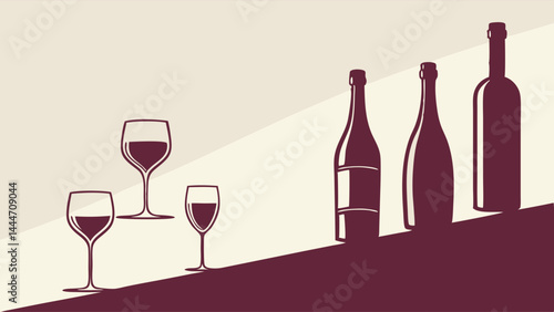 Beige Burgundy Minimalist Graphic Art Illustration of Wine Glasses and Bottles Still Life with Shadows