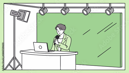 Simple Clean Illustration Man Speaking Microphone Desk Laptop Green Screen Studio Recording Setup