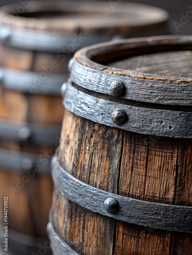 Wallpaper Mural Aged Wooden Barrels with Metal Bands - Close-up of two aged wooden barrels with dark metal bands and rivets, showing texture and detail Torontodigital.ca