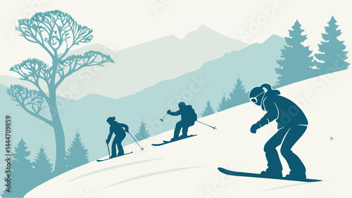 Illustrated winter sports - skiers and snowboarder on snowy mountain slope