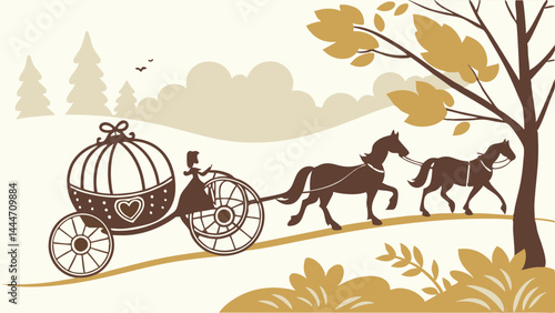 Enchanted Fairytale Pumpkin Carriage Pulled by Horses Through a Sepia Fantasy Landscape Illustration