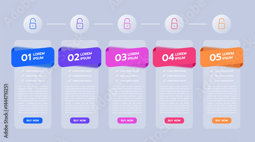 Vertical Infographic Template for Business Presentation with Colorful Modern Design Layout featuring Timeline 5 Step for Marketing Brochure, Technology Report. Glassmorphism Glasses Effect Vector.