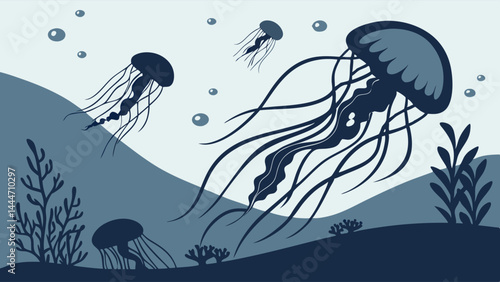 Flat Design Blue Jellyfish Underwater Swimming Illustration with Tentacles Bubbles