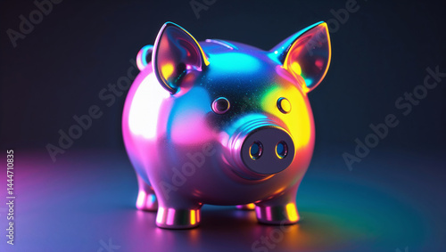 Iridescent piggy bank illuminated with neon lights symbolizing saving money