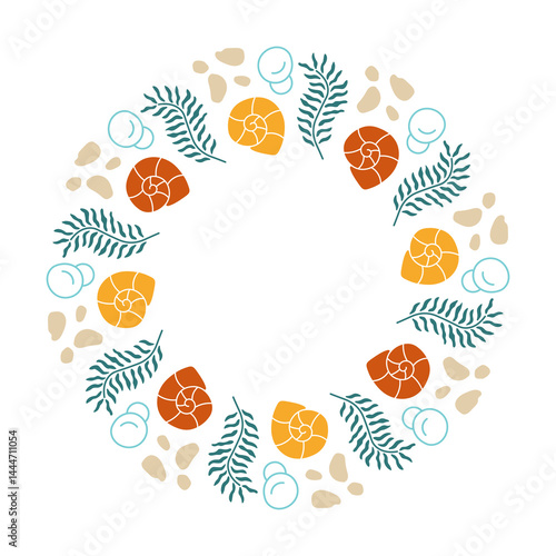 Beach Treasures Frame. Elegant hand drawn Wreath with seashells seaweeds rocks bubbles in soft colors. Coastal wedding Spa design. Vector illustration