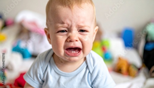 crying baby in messy room
