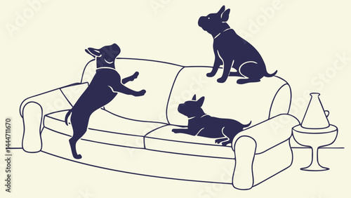 Simple illustrated scene of three playful dark blue dogs on a light couch