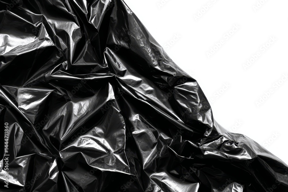 Obraz premium Black Plastic Texture Background - Crumpled black plastic sheet isolated on white, showing texture and folds. Perfect for design backgrounds