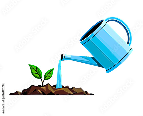 Watering can pouring water on a young seedling in soil on transparent isolated background