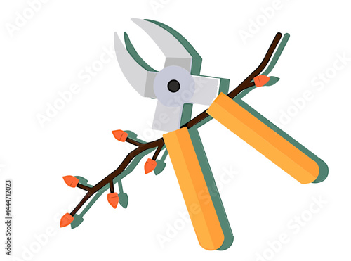 Branch with buds and pruning shears for spring gardening on transparent isolated background