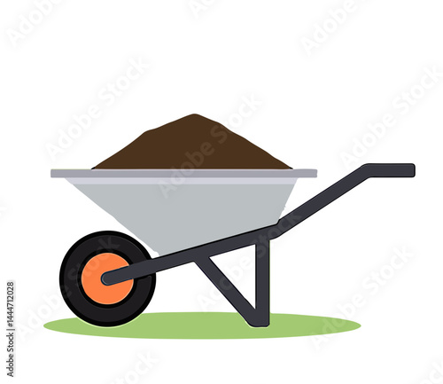 Garden wheelbarrow filled with soil on transparent isolated background