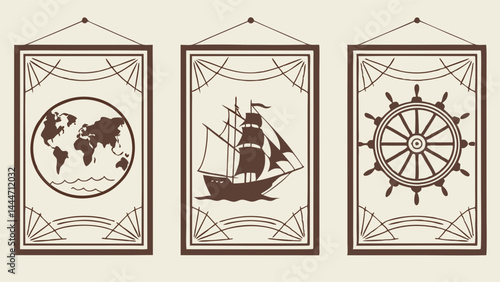 Set of Three Vintage Nautical Wall Art Prints Featuring World Map Sailing Ship and Ship Wheel Classic Decor