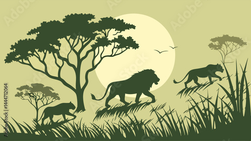 Silhouetted Lion Pride Walking in African Savanna Landscape Vector Art