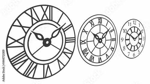 Three Vintage Decorative Wall Clocks with Roman and Arabic Numerals Black and White Sketch