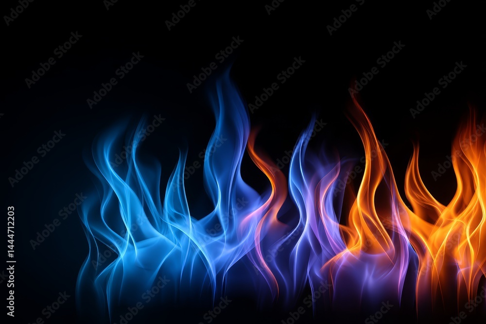 Fototapeta premium Blue and Orange Flames Abstract - A vibrant abstract of blue and orange flames dancing against a black background. Perfect for design projects needing a fiery, energetic feel