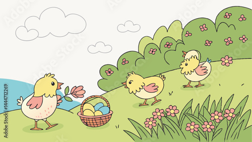 Adorable Cartoon Baby Chicks with Easter Eggs in Basket on a Flowery Spring Hill