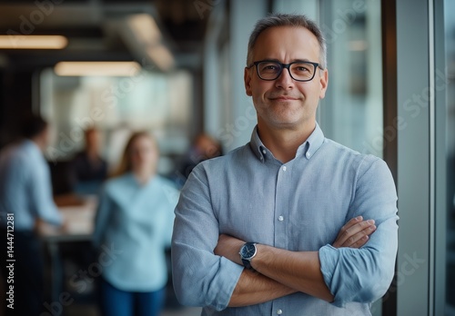 A man in glasses and a blue shirt smiles confidently at the camera, standing with his arms crossed in an office setting.