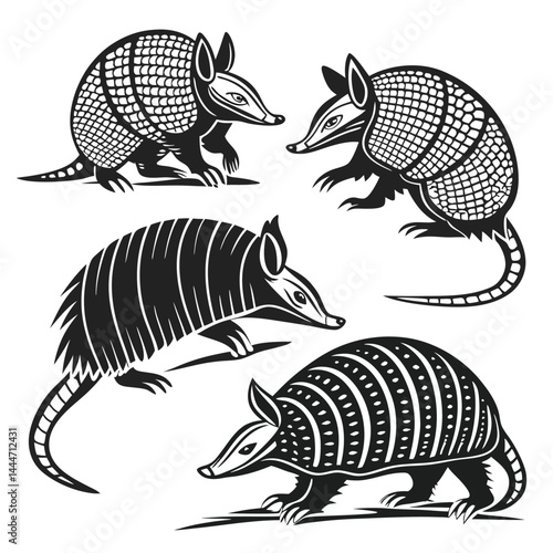 Armadillo Silhouettes Black and White Mammals Illustration, Wildlife Animals, Nature Design