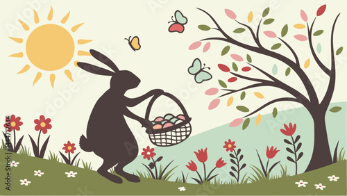 Colorful Spring Easter Illustration Silhouette Bunny Carrying Egg Basket in Sunny Meadow with Flowers Butterflies and Tree