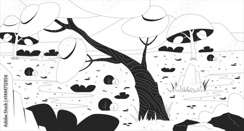 African savanna landscape with trees and bushes line illustration backdrop. Desert savannah environment with rocks vegetation. Safari terrain 2D ink outline monochrome background. Lineart vector