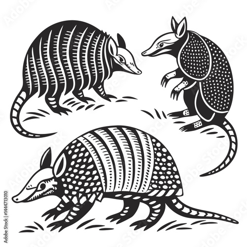 Armadillo Three Textured Mammals in Black and White Linocut Style Print