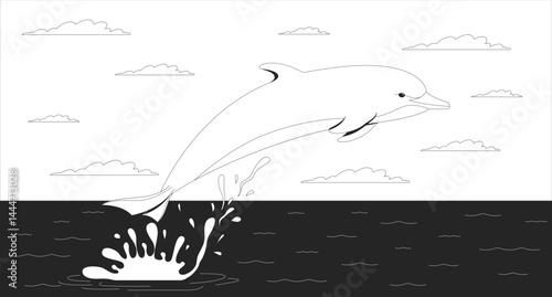 Dolphin jumping at sunset ocean line illustration. Aquatic mammal leaping out of water with splash. Sea animal. Marine wildlife 2D ink linear character monochrome. Flat outline vector image