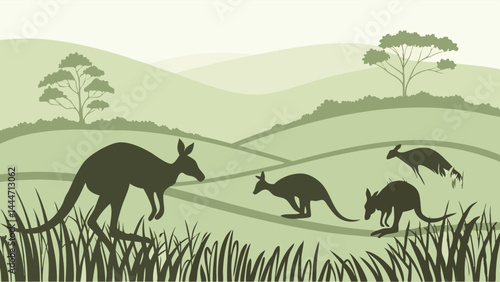 Australian Kangaroos Silhouette Illustration in Green Layered Landscape with Hills