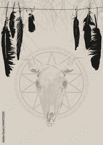 Vector banner in A4 format on the theme of Satanism, black magic and witchcraft with a bull skull, feathers, pentagram and occult signs. Music cover, poster, flyer, t-shirt design. No ai used