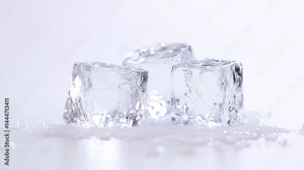 Three clear ice cubes on a light surface Three clear ice cubes on a light surface