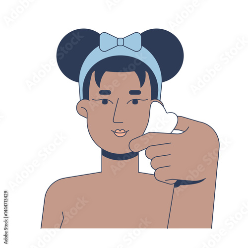 Black woman using gua sha stone for facial massage 2D vector illustration. Skin wellness. Contour face. African american female flat character isolated on white background. Colorful cartoon image