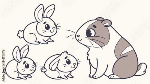 Cute Cartoon Illustration of a Friendly Guinea Pig and Three Adorable Rabbits Together