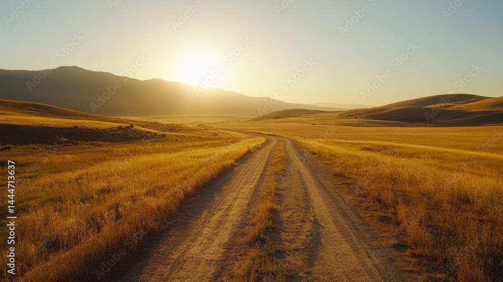 Naklejka premium Lonely road through golden plains leading to distant mountains at sunset