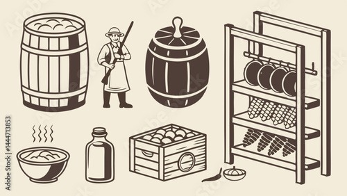 Vintage Farm Food Storage Barrels Crate Rack Hunter Line Art