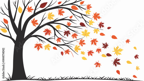 Autumn Fall Tree Silhouette Vector Art with Colorful Red Yellow Orange Falling Leaves Blowing in Wind