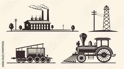 Black and White Vintage Industrial Illustration Factory Steam Train Power Line Drawing
