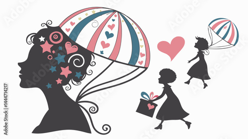 Whimsical Silhouette Illustration Woman Imagination Stars Hearts Parachute Girls Gifts