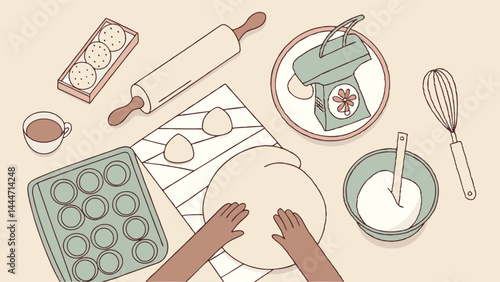 Flat lay illustration hands kneading dough with baking tools preparing homemade cookies