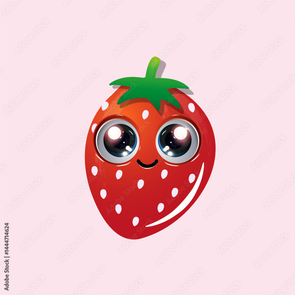 Obraz premium A cute, cartoonish strawberry character features large, shiny eyes and a small smile