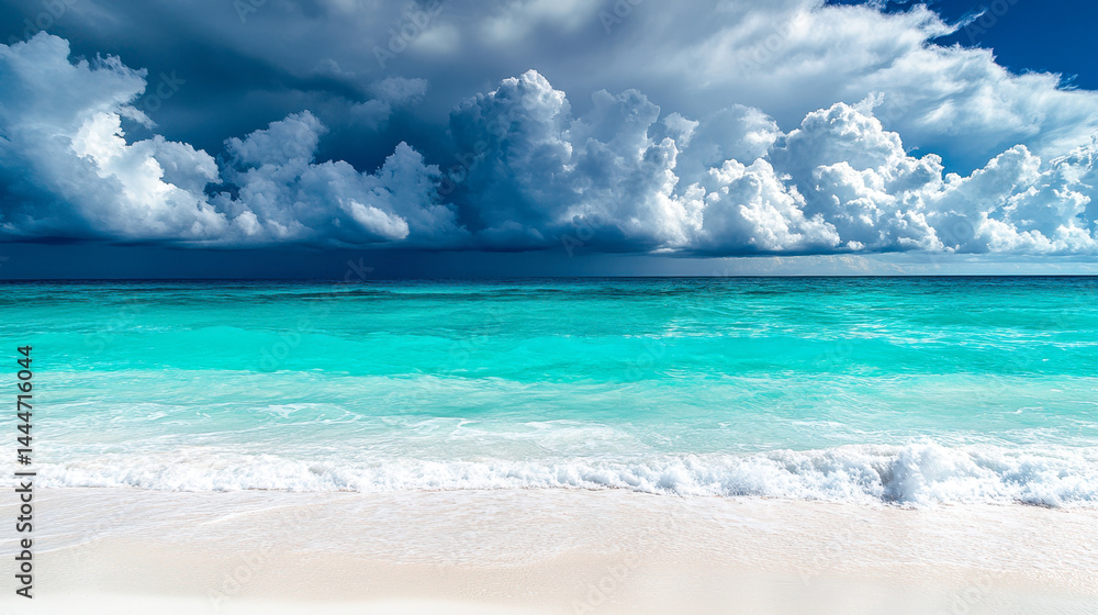 Fototapeta premium Dramatic contrast between storm clouds and sun-drenched turquoise ocean waters at sunset