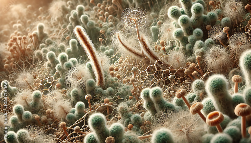 Obraz premium Microscopic Fungi Jungle. A photorealistic depiction of a nanoscale forest of fungi with incredible soft textures and networks.