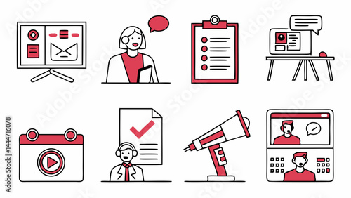Outline Business Icons Set Red Black Communication Planning Online Meetings Marketing Presentation Customer Support Vector