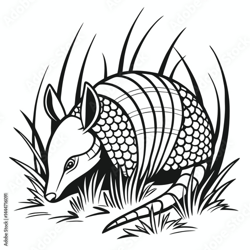 Armadillo Foraging Amongst Dense Foliage, Black and White Stylized Illustration, Wildlife