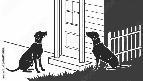 Black and White Illustration of Two Black Pet Dogs Sitting and Waiting at a House Door Steps and Fence Outdoor Scene