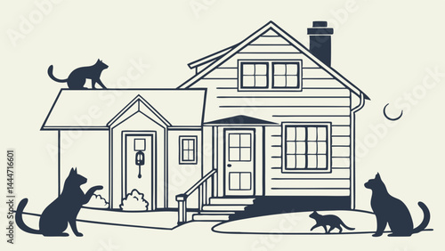 Simple Black and White Line Drawing Silhouette of a House with Cats and Kittens