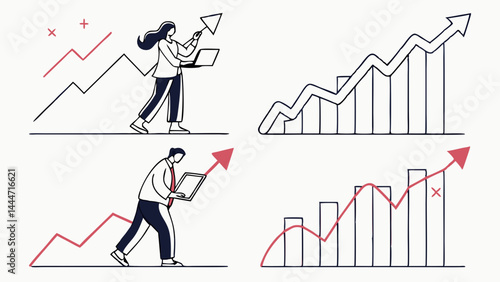 Simple Line Art Business Growth Success Illustration People Laptops Charts Upward Trend Data Analytics
