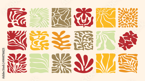 Modern vector seamless pattern with funky florals, soft waves, and playful botanical shapes, inspired by summer holidays and ocean breezes