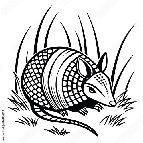 Armadillo Illustration, Armored Mammal Standing in Grass, Black and White Image, Wildlife