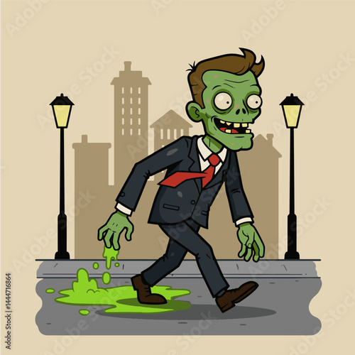 Illustration of a green-skinned zombie dressed in a business suit walking on a city sidewalk at night. The humorous and quirky style adds a playful twist to the zombie concept