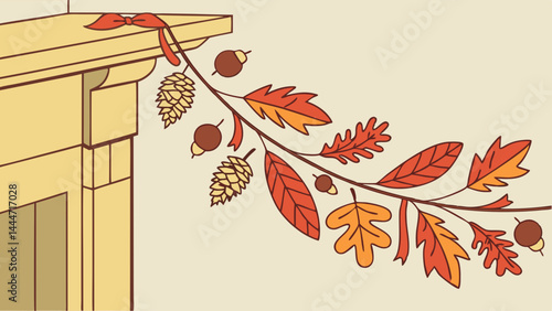 Illustrated Autumn Fall Garland Decorating a Fireplace Mantel with Leaves Pinecones and Acorns